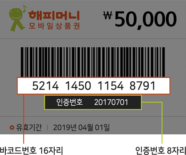 모바일상품권 바코드번호, 인증번호 위치 안내